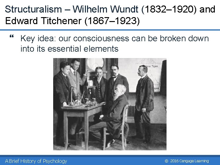 Structuralism – Wilhelm Wundt (1832– 1920) and Edward Titchener (1867– 1923) } Key idea: Structuralism – Wilhelm Wundt (1832– 1920) and Edward Titchener (1867– 1923) } Key idea: