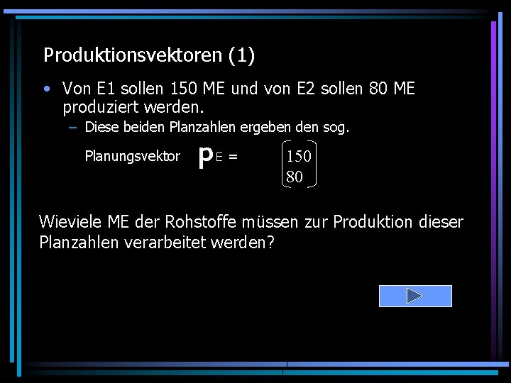 Produktionsvektoren (1) • Von E 1 sollen 150 ME und von E 2 sollen