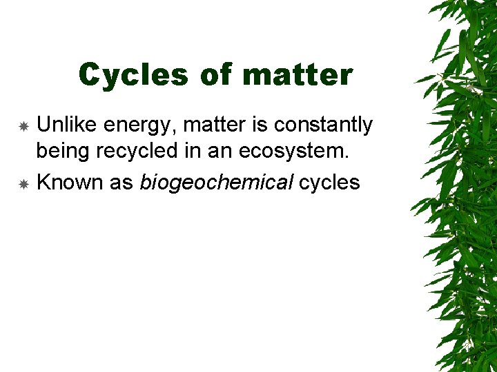 Cycles of matter Unlike energy, matter is constantly being recycled in an ecosystem. Known