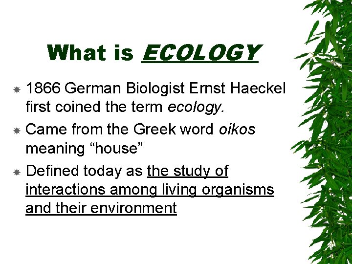What is ECOLOGY 1866 German Biologist Ernst Haeckel first coined the term ecology. Came