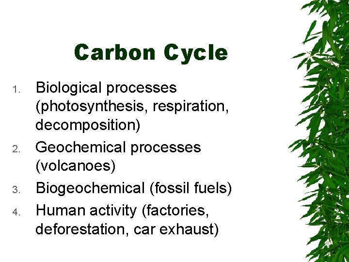 Carbon Cycle 1. 2. 3. 4. Biological processes (photosynthesis, respiration, decomposition) Geochemical processes (volcanoes)