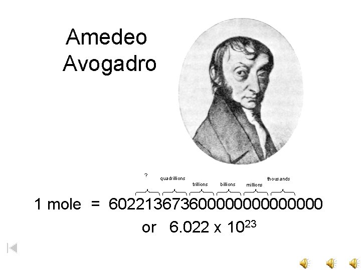 Amedeo Avogadro ? quadrillions trillions billions thousands millions 1 mole = 60221367360000000 or 6.