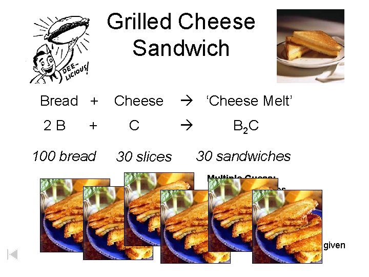 Grilled Cheese Sandwich Bread + 2 B + 100 bread Cheese C 30 slices