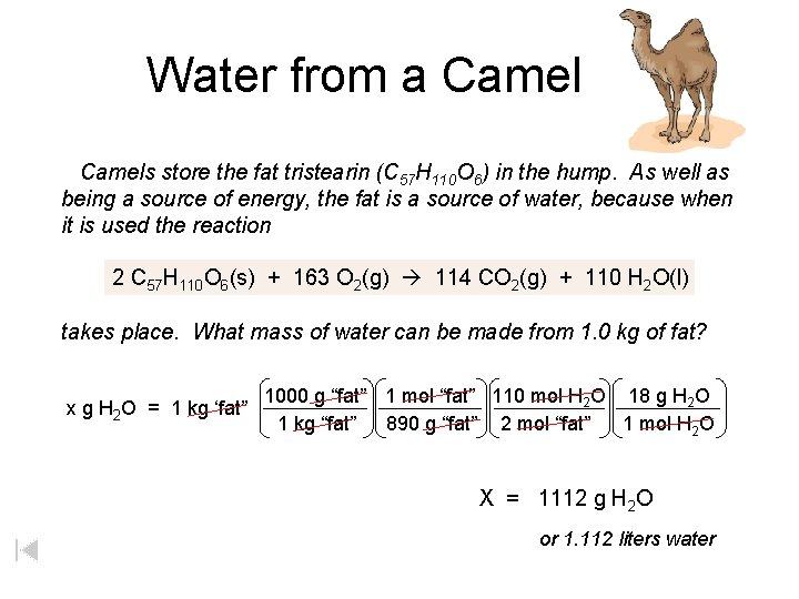 Water from a Camels store the fat tristearin (C 57 H 110 O 6)