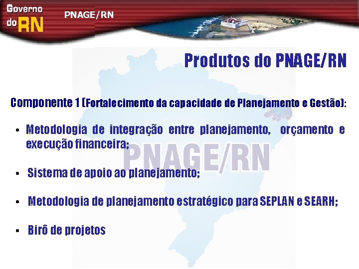 PNAGE/RN Produtos do PNAGE/RN Componente 1 (Fortalecimento da capacidade de Planejamento e Gestão): •