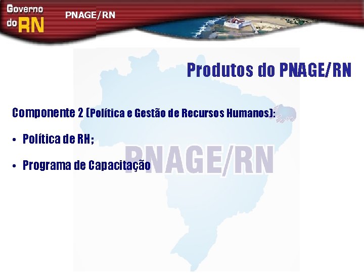 PNAGE/RN Produtos do PNAGE/RN Componente 2 (Política e Gestão de Recursos Humanos): • Política