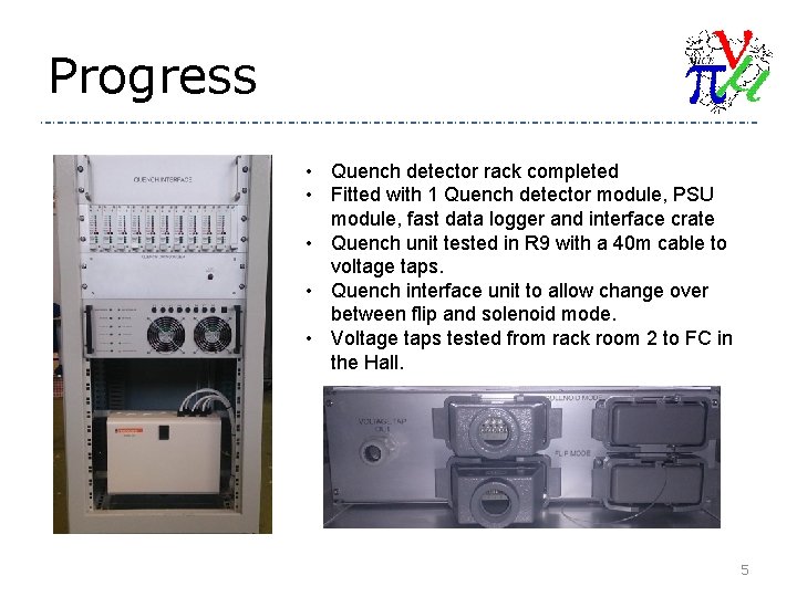 Progress • Quench detector rack completed • Fitted with 1 Quench detector module, PSU