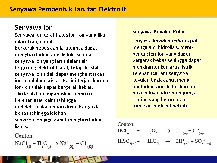 Senyawa Pembentuk Larutan Elektrolit Senyawa Ion Senyawa ion terdiri atas ion-ion yang jika dilarutkan,