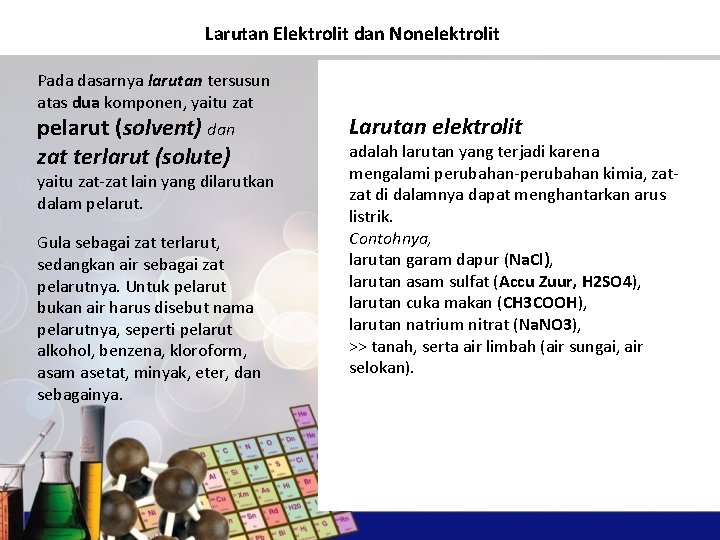 Larutan Elektrolit dan Nonelektrolit Pada dasarnya larutan tersusun atas dua komponen, yaitu zat pelarut