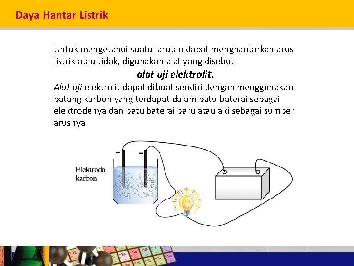 Daya Hantar Listrik Untuk mengetahui suatu larutan dapat menghantarkan arus listrik atau tidak, digunakan