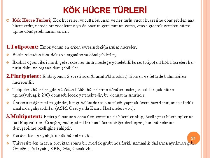 KÖK HÜCRE TÜRLERİ Kök Hücre Türleri; Kök hücreler, vücutta bulunan ve her türlü vücut