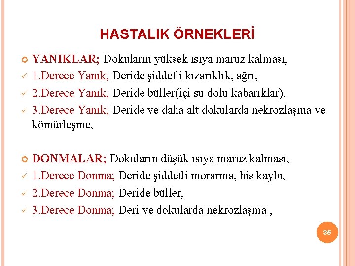 HASTALIK ÖRNEKLERİ ü ü ü YANIKLAR; Dokuların yüksek ısıya maruz kalması, 1. Derece Yanık;