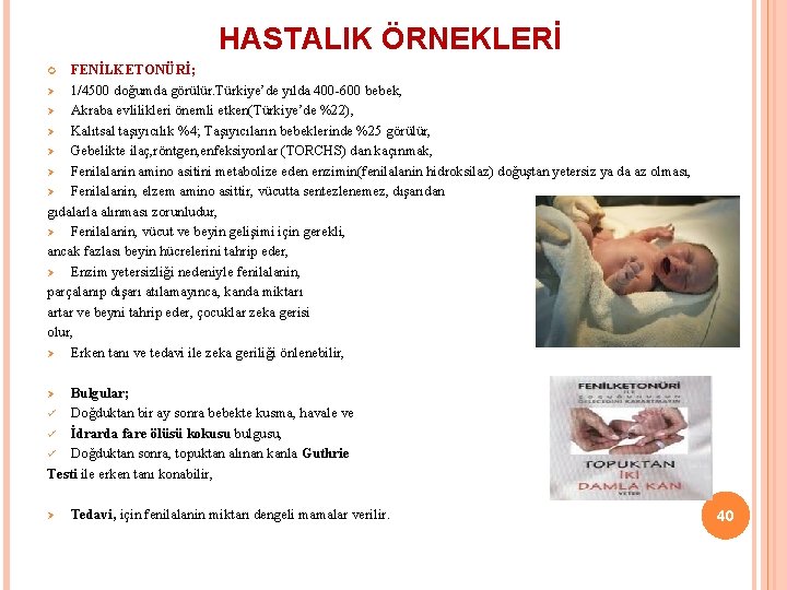 HASTALIK ÖRNEKLERİ FENİLKETONÜRİ; Ø 1/4500 doğumda görülür. Türkiye’de yılda 400 -600 bebek, Ø Akraba