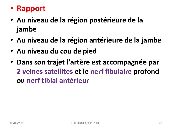  • Rapport • Au niveau de la région postérieure de la jambe •