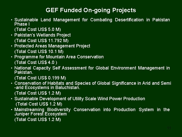 GEF Funded On-going Projects • Sustainable Land Management for Combating Desertification in Pakistan Phase