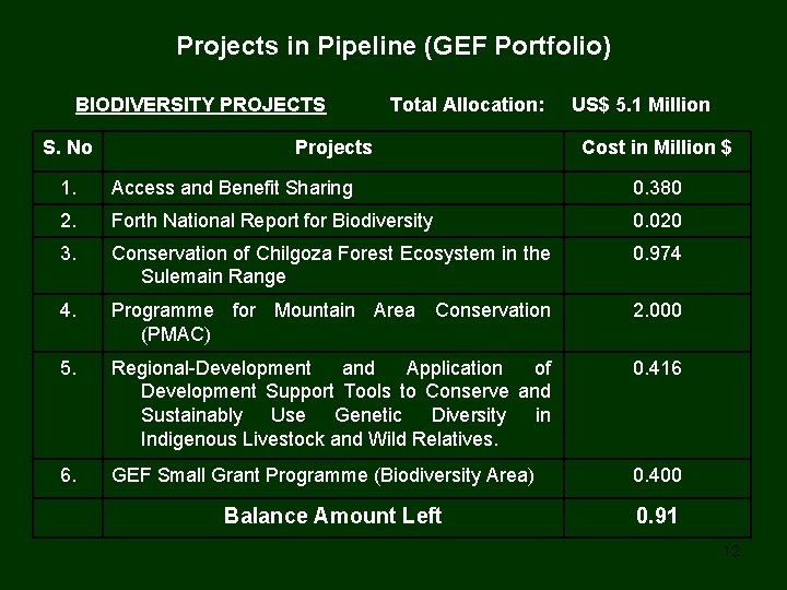 Projects in Pipeline (GEF Portfolio) BIODIVERSITY PROJECTS S. No Total Allocation: Projects US$ 5.