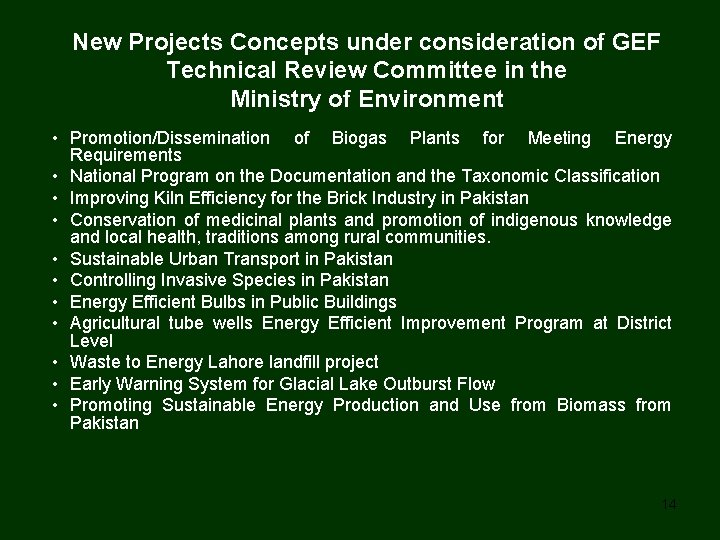 New Projects Concepts under consideration of GEF Technical Review Committee in the Ministry of