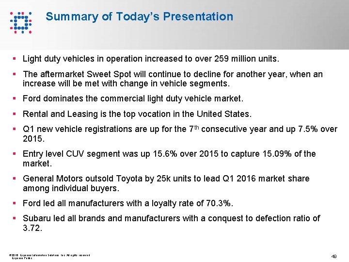 Summary of Today’s Presentation § Light duty vehicles in operation increased to over 259