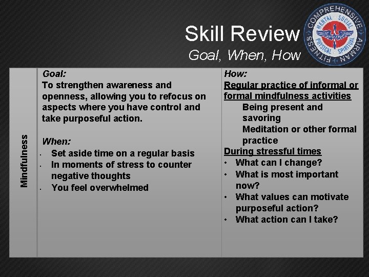 Skill Review Mindfulness Goal, When, How Goal: To strengthen awareness and openness, allowing you