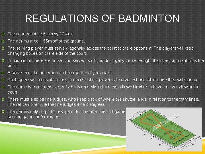 REGULATIONS OF BADMINTON The court must be 6. 1 m by 13. 4 m.