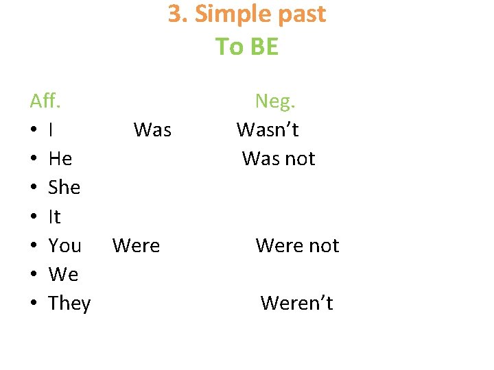 3. Simple past To BE Aff. Neg. • I Wasn’t • He Was not