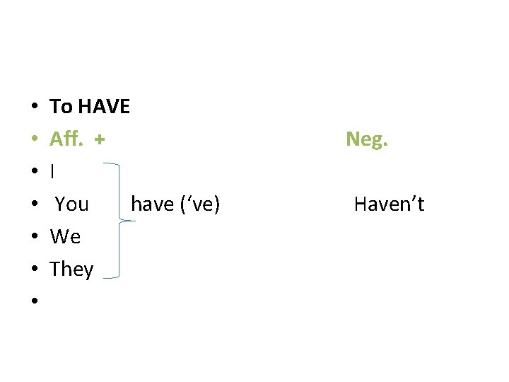  • • To HAVE Aff. + Neg. I You have (‘ve) Haven’t We
