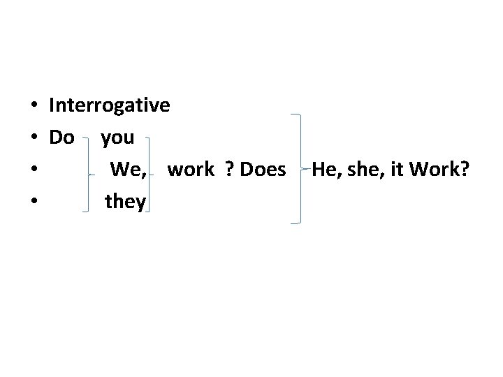  • Interrogative • Do you • We, work ? Does • they He,