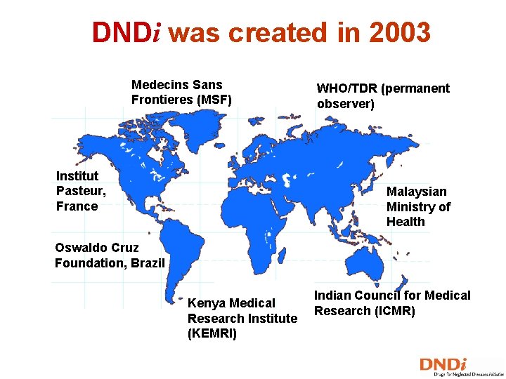 DNDi was created in 2003 Medecins Sans Frontieres (MSF) Institut Pasteur, France WHO/TDR (permanent