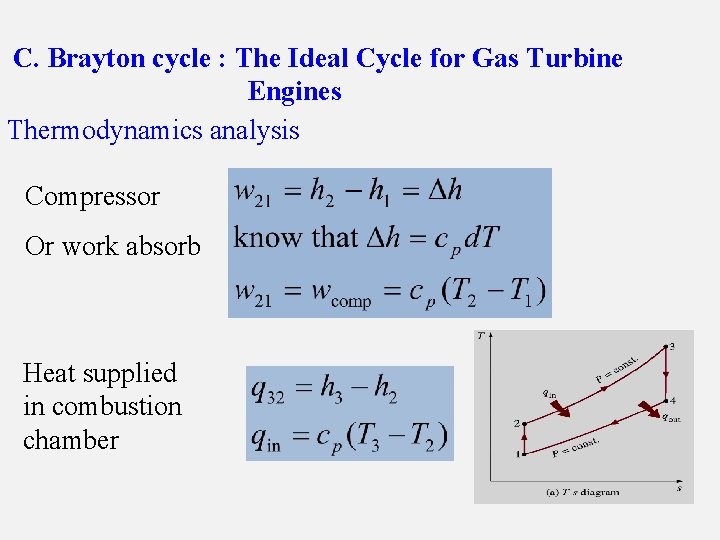 C. Brayton cycle : The Ideal Cycle for Gas Turbine Engines Thermodynamics analysis Compressor