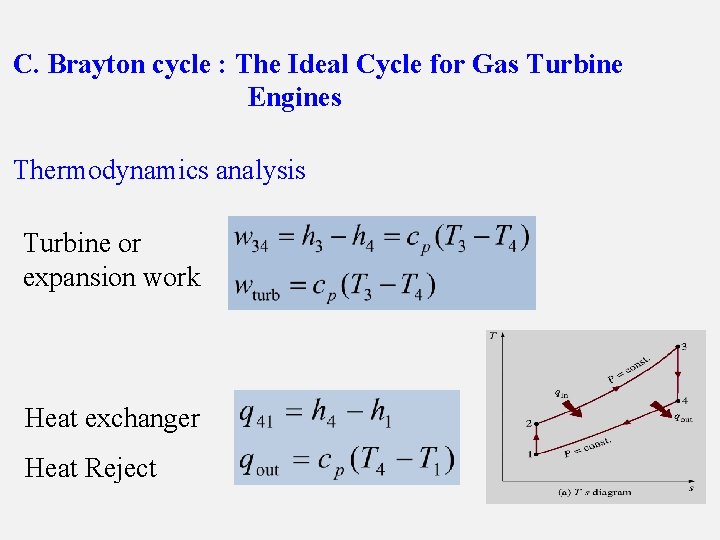 C. Brayton cycle : The Ideal Cycle for Gas Turbine Engines Thermodynamics analysis Turbine
