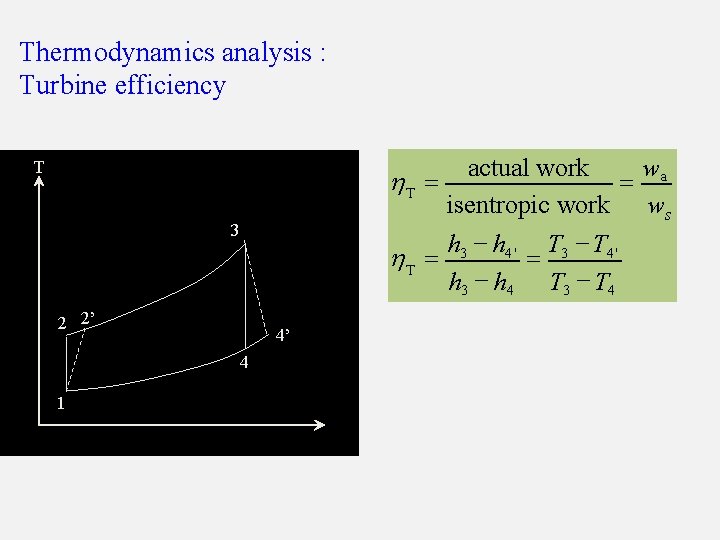Thermodynamics analysis : Turbine efficiency wa actual work h. T = = isentropic work