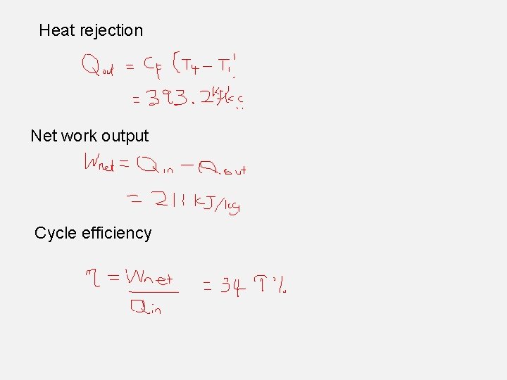 Heat rejection Net work output Cycle efficiency 
