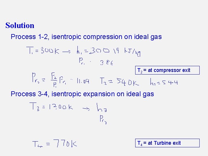 Solution Process 1 -2, isentropic compression on ideal gas T 2 = at compressor