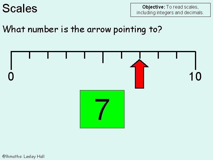 Scales Objective: To read scales, including integers and decimals. What number is the arrow