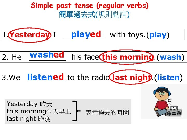 Simple past tense (regular verbs) 簡單過去式(規則動詞) 1. Yesterday I 2. He played with toys.