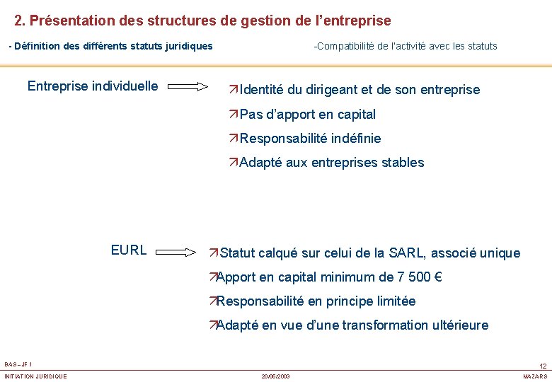 2. Présentation des structures de gestion de l’entreprise - Définition des différents statuts juridiques