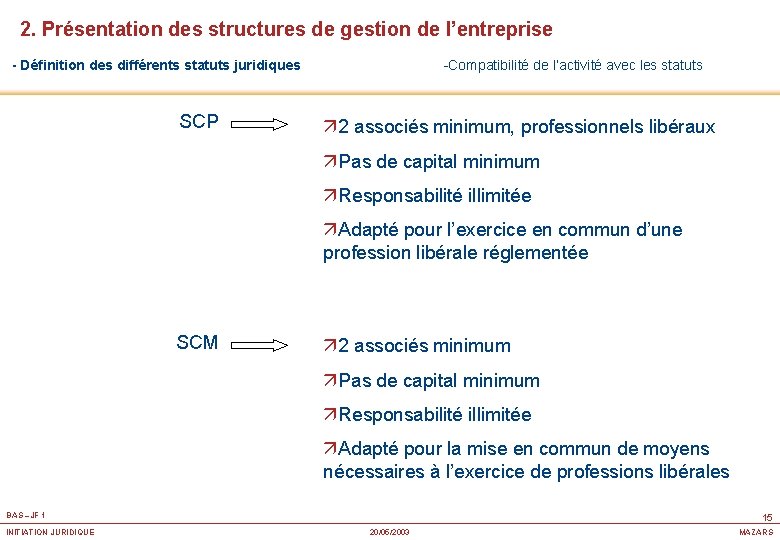 2. Présentation des structures de gestion de l’entreprise - Définition des différents statuts juridiques