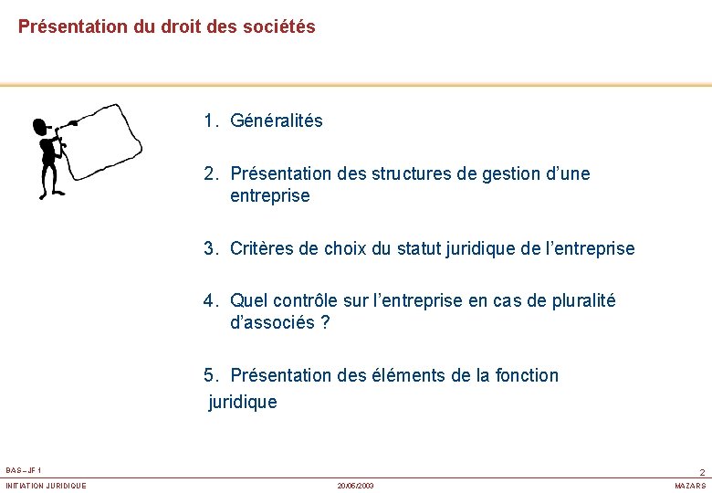 Présentation du droit des sociétés 1. Généralités 2. Présentation des structures de gestion d’une