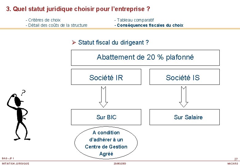 3. Quel statut juridique choisir pour l’entreprise ? - Critères de choix - Détail