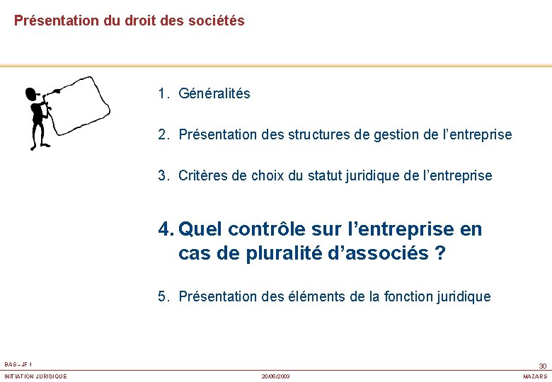 Présentation du droit des sociétés 1. Généralités 2. Présentation des structures de gestion de