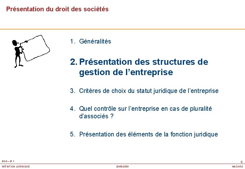 Présentation du droit des sociétés 1. Généralités 2. Présentation des structures de gestion de