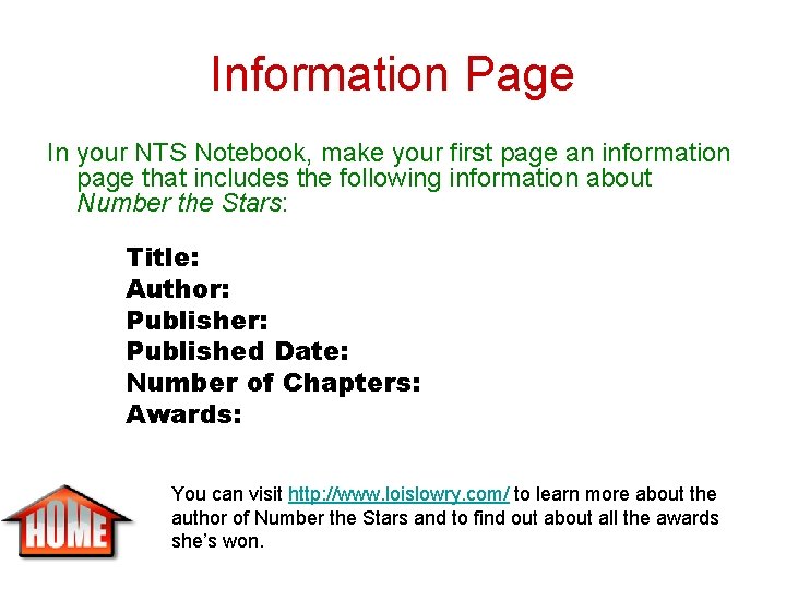Information Page In your NTS Notebook, make your first page an information page that