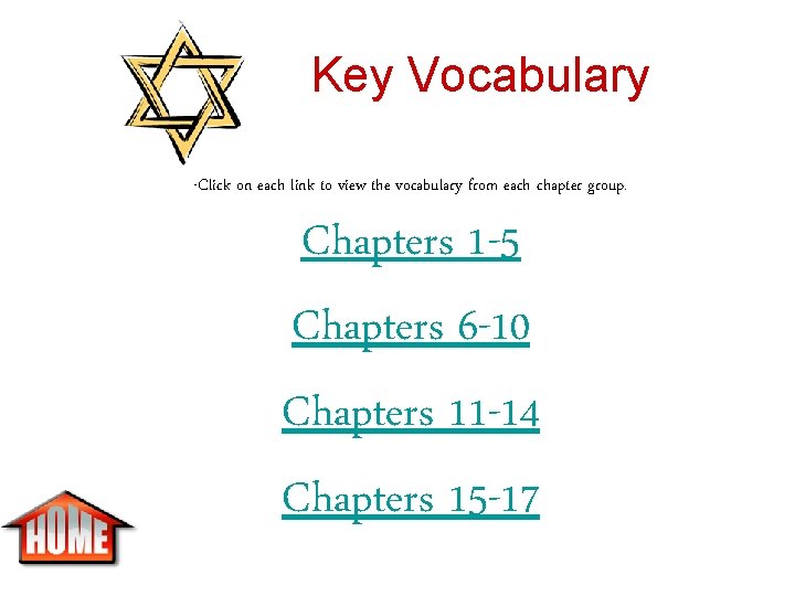 Key Vocabulary -Click on each link to view the vocabulary from each chapter group.