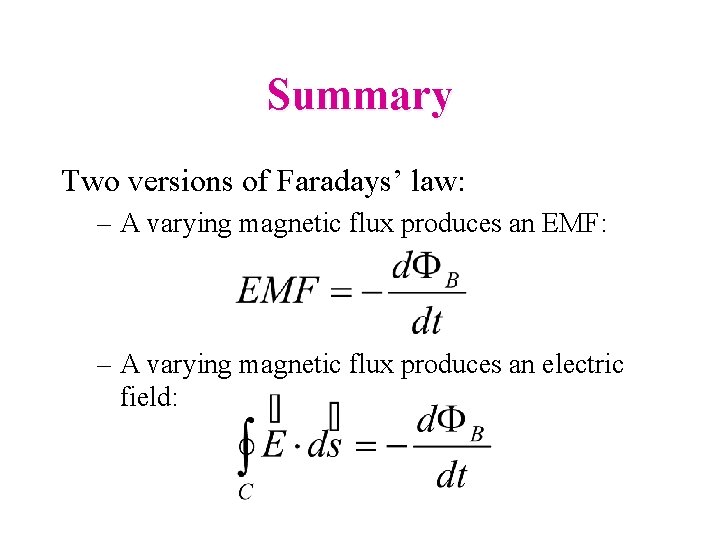Summary Two versions of Faradays’ law: – A varying magnetic flux produces an EMF: