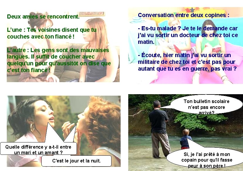 Deux amies se rencontrent. Conversation entre deux copines : L’une : Tes voisines disent