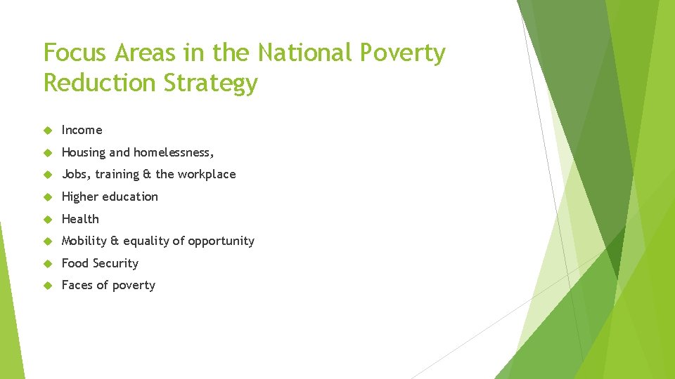 Focus Areas in the National Poverty Reduction Strategy Income Housing and homelessness, Jobs, training