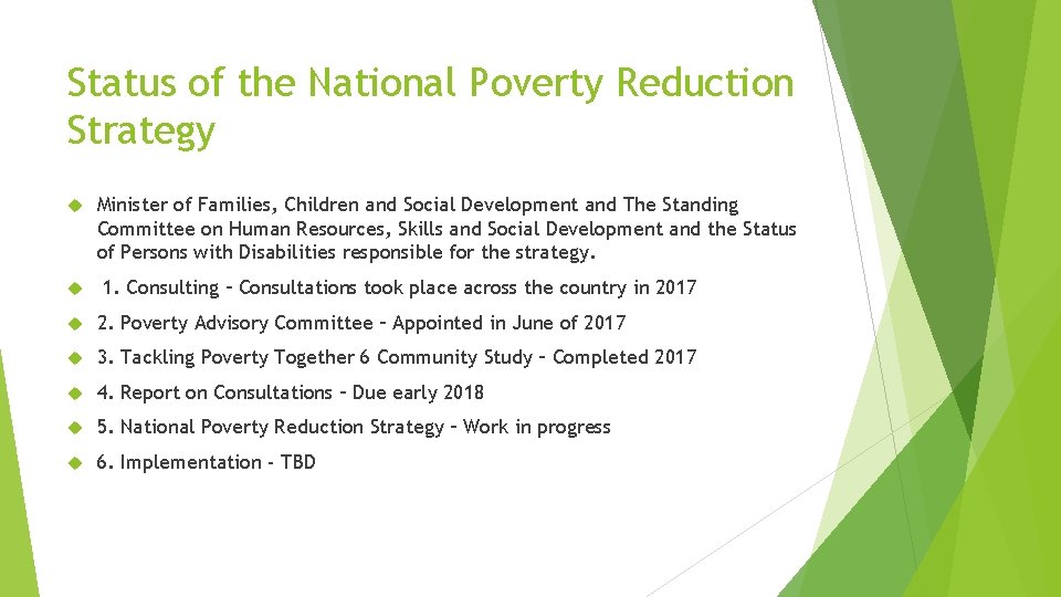 Status of the National Poverty Reduction Strategy Minister of Families, Children and Social Development