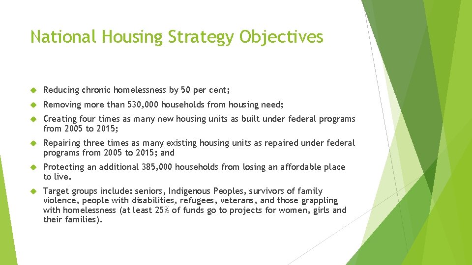 National Housing Strategy Objectives Reducing chronic homelessness by 50 per cent; Removing more than