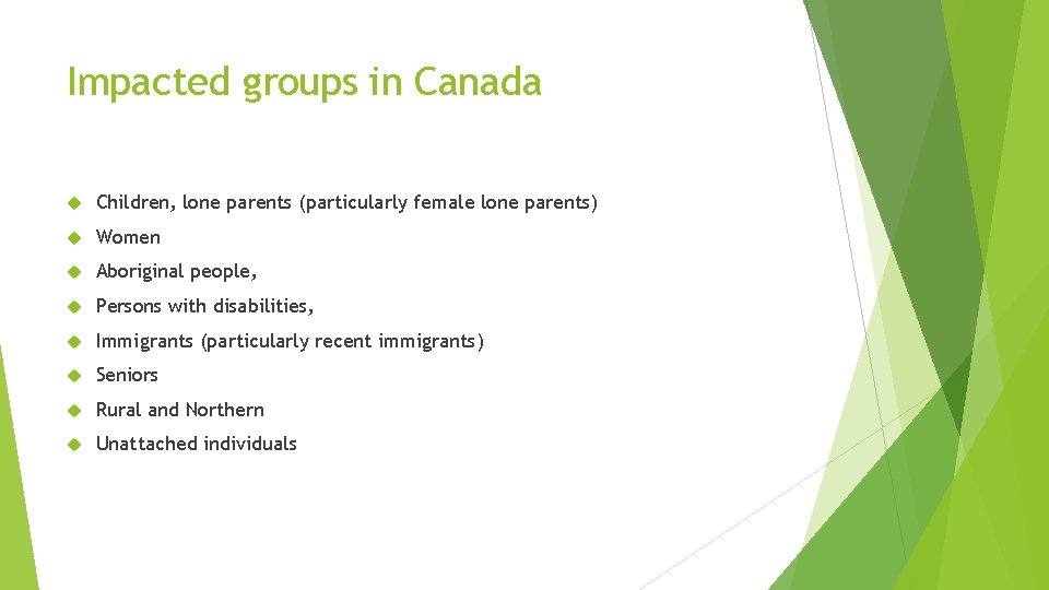 Impacted groups in Canada Children, lone parents (particularly female lone parents) Women Aboriginal people,
