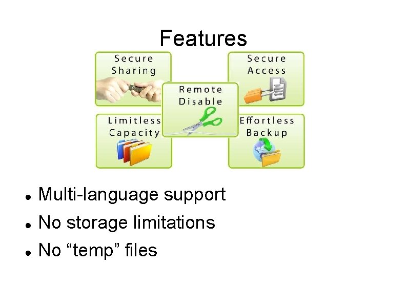 Features Multi-language support No storage limitations No “temp” files 